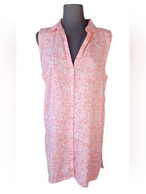 Sigrid Olsen 100% Linen Sleeveless Shirt Dress Coral Pink Seashell Print